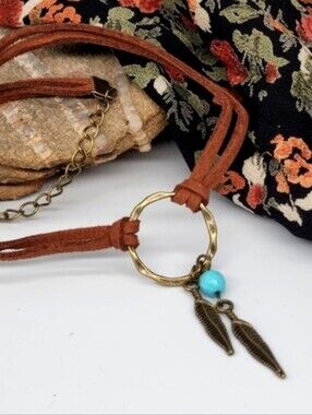 FP Jewelry Leather Choker Turquoise Pendant Feather Antique Gold Necklace